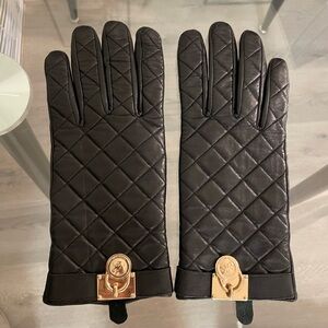 Michael Kors Quilted Black Leather Gloves with Gold Details